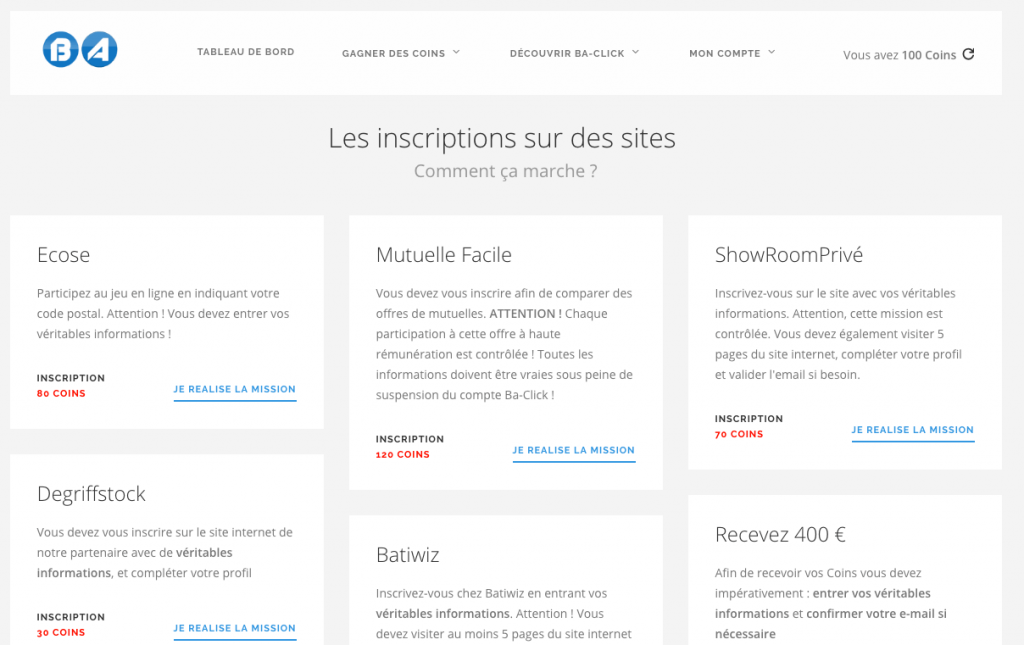 Ba-Click vous permet de gagner de l'argent en vous inscrivant à des sites